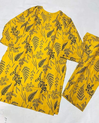 Yellow 2 Pcs Women’s Stitched Petal Print Linen Casual Wear For Women