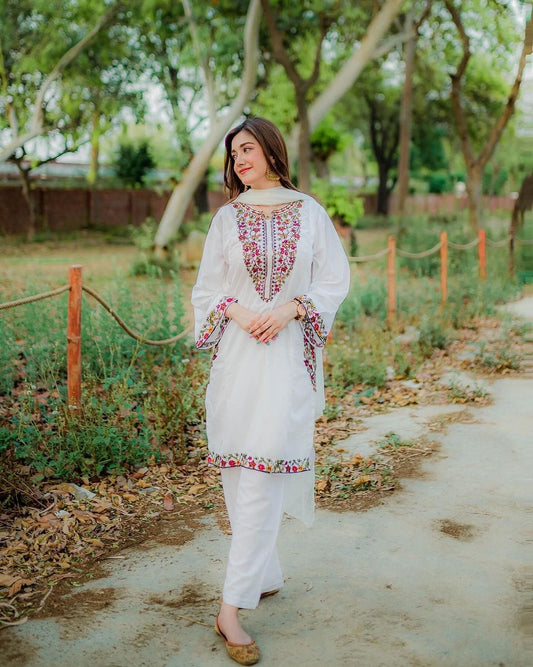 White 2pc Stitched Pocket Sequence Embroidery